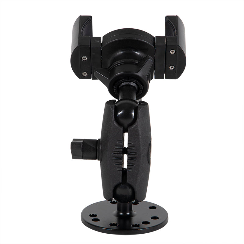 The RoadVise® XL Holder with Circular Drill-Base Mount is a black adjustable bracket with a round base, pivoting joints, and a gripping clamp, designed for securely holding devices or equipment.