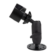 The RoadVise® XL Holder with Circular Drill-Base Mount is a black adjustable phone holder with multiple holes, a swivel joint, and a rectangular clamp for securely holding devices or equipment.