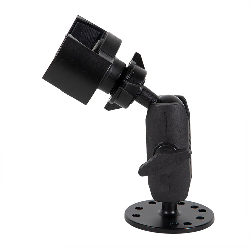 The RoadVise® XL Holder with Circular Drill-Base Mount is a black adjustable phone holder with multiple holes, a swivel joint, and a rectangular clamp for securely holding devices or equipment.