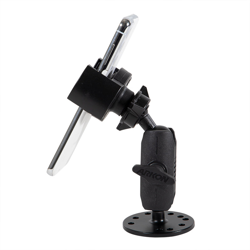 The RoadVise® XL Holder with Circular Drill-Base Mount securely holds your smartphone in landscape mode, features a rotating joint for adjustable positioning, and offers stable desk or wall mounting.