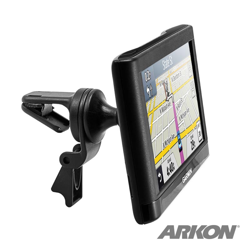 A Garmin nuvi GPS is mounted on a black Air Vent Car Mount for Garmin nuvi 40, 50, 200, 2013, 24x5, and 25x5 models. Navigation directions appear on its screen with the ARKON logo in the lower right corner.
