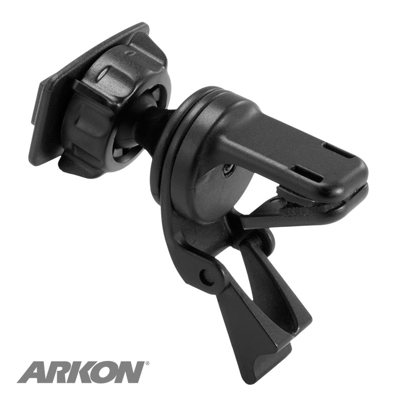 Black plastic Air Vent Car Mounting Pedestal with adjustable joints and clamp, shown on a white background. Versatile as an air vent mount or universal tablet holder with dual-T-slot mounting. ARKON logo appears in the bottom left corner.