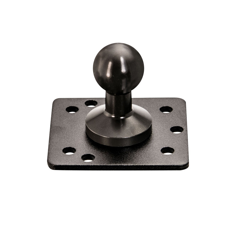The XMS 20mm AMPS Adapter Plate is an aluminum mounting plate with a central 20mm ball adapter and six evenly spaced screw holes in the AMPS pattern, ideal for securely attaching or mounting equipment.