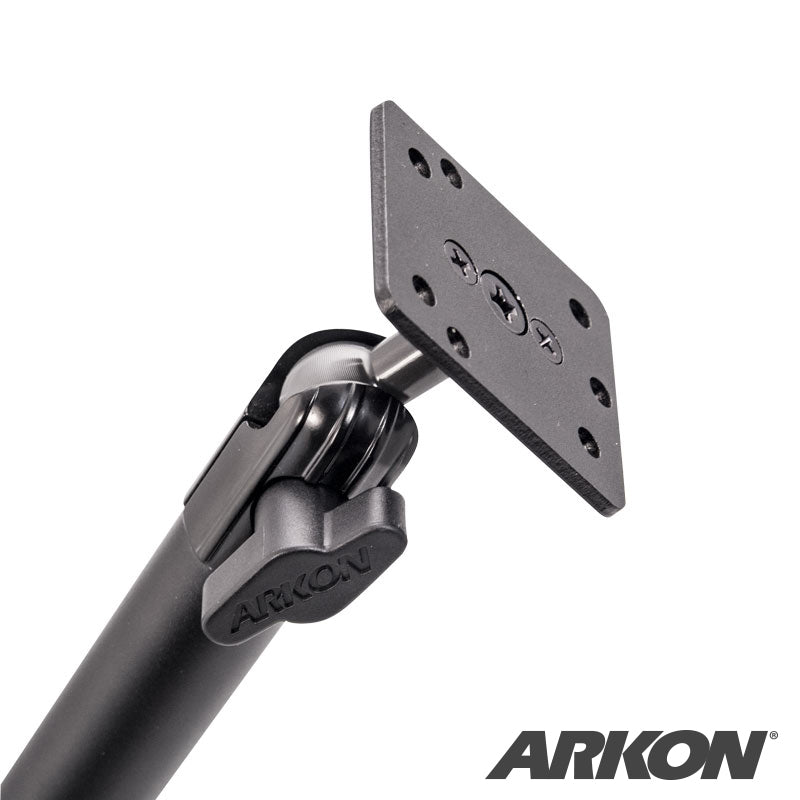 A close-up of the XMS 20mm AMPS Adapter Plate showcases its adjustable aluminum mounting plate with the AMPS pattern and multiple screw holes, set against a white background with the Arkon logo in the corner.