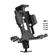 The LockVise™ Metal Locking Tablet Mount with Drill Base Mount, made of black adjustable aluminum with padded grips, stands upright on a flat base; extra screws and a tool are included for secure installation.