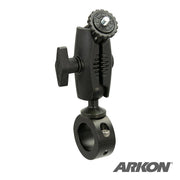 The Aluminum Motorcycle Camera Handlebar Mount with 2.75 Shaft features a black adjustable clamp and screw knob, perfect for attaching cameras to bars or poles. The Arkon logo is shown in the bottom right corner.