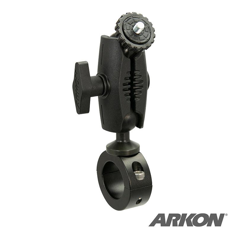 The Aluminum Motorcycle Camera Handlebar Mount with 2.75 Shaft features a black adjustable clamp and screw knob, perfect for attaching cameras to bars or poles. The Arkon logo is shown in the bottom right corner.