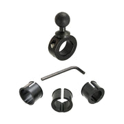 The Aluminum Motorcycle Handlebar Mount - 25mm (1 inch) Compatible, shown in black with a ball head, hex key, and three plastic adapters, is displayed on a white background.