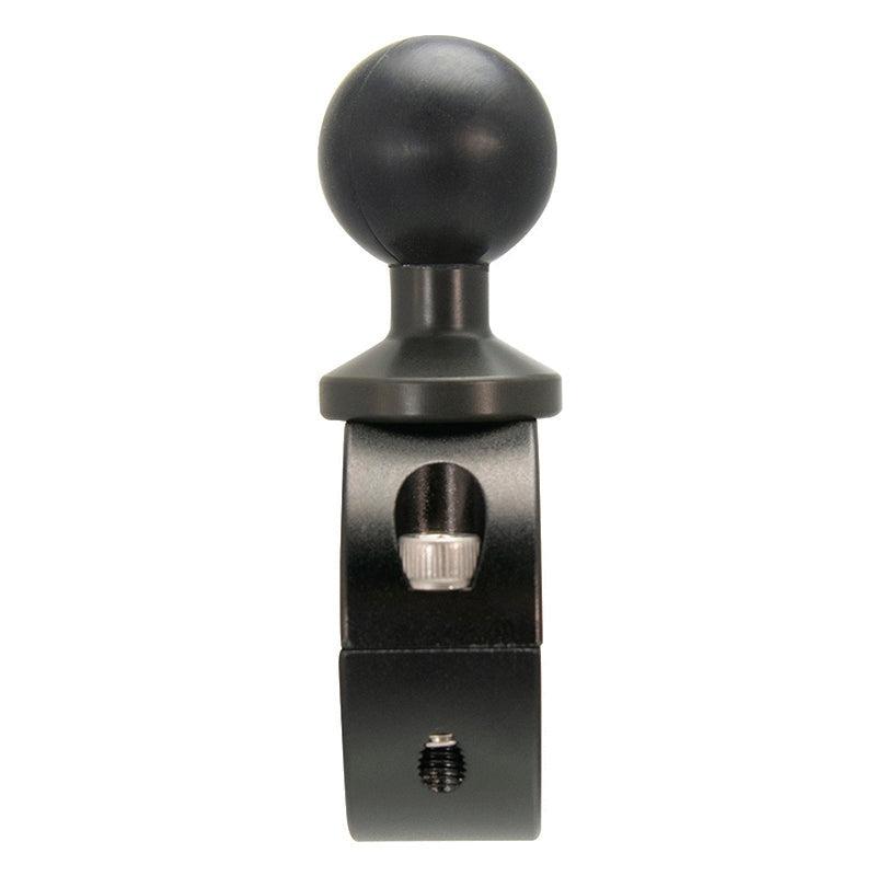 The Aluminum Motorcycle Handlebar Mount - 25mm (1 inch) Compatible is black with a 25mm ball head and a visible front screw, displayed against a white background.