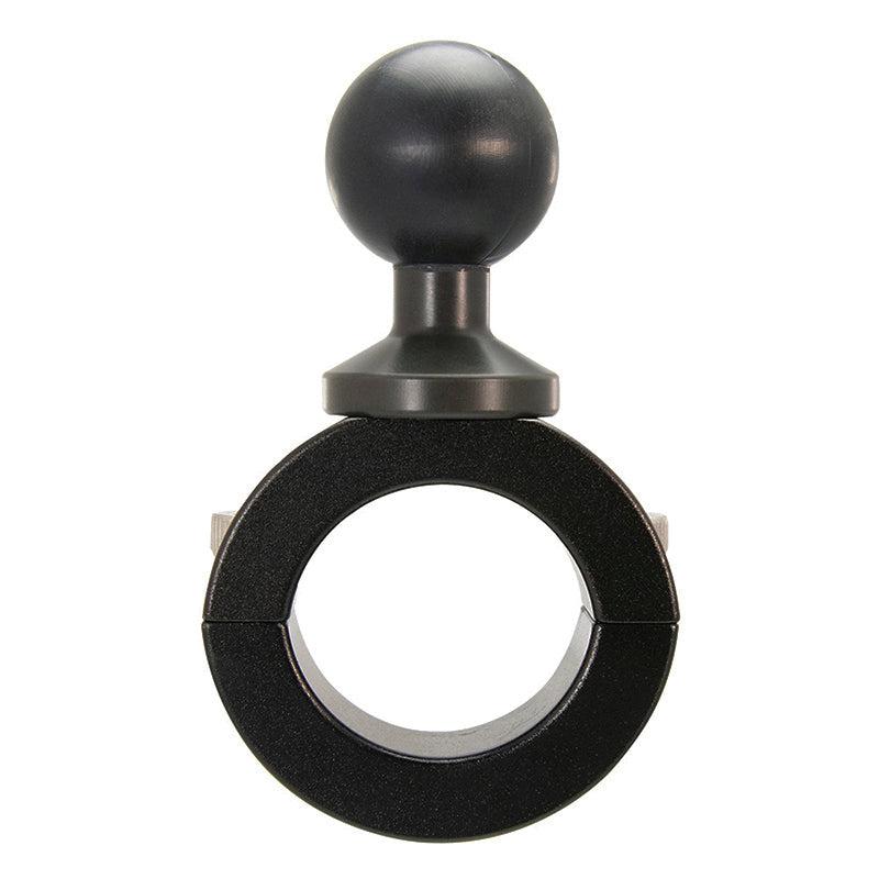 The Aluminum Motorcycle Handlebar Mount - 25mm (1 inch) Compatible is a black, circular clamp with a large round knob, designed to securely attach devices to handlebars using its 25mm ball head. Shown against a white background.