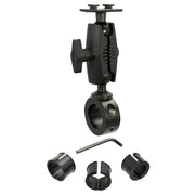 The Aluminum Motorcycle Handlebar Mount with Dual-T Compatible Head features a black adjustable arm, circular clamp, tightening knob, extra clamp adaptors, and includes an Allen wrench—ideal for handlebars. Displayed on a white background.