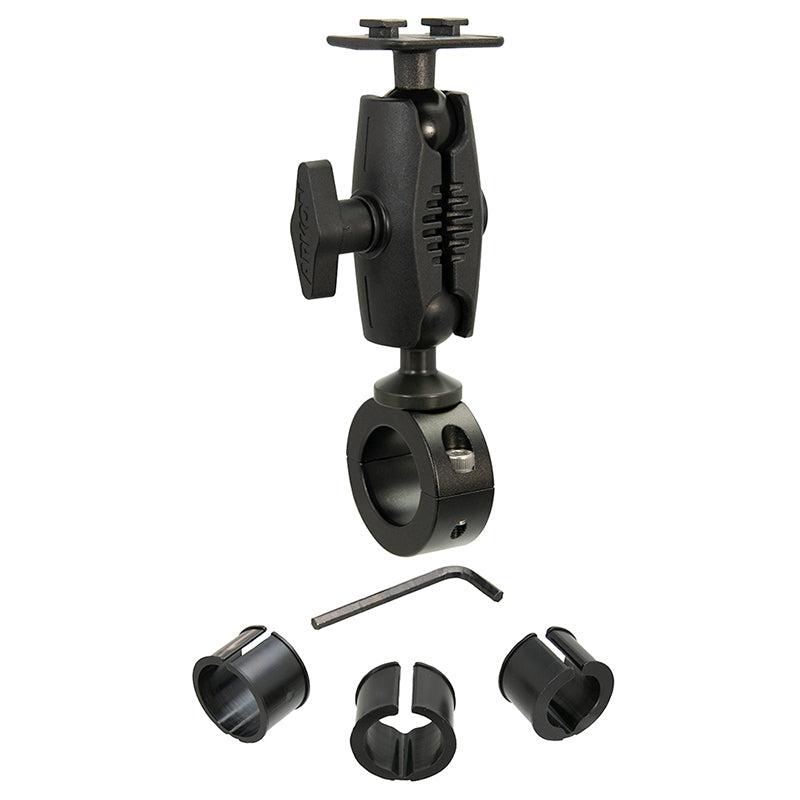 The Aluminum Motorcycle Handlebar Mount with Dual-T Compatible Head features a black adjustable arm, circular clamp, tightening knob, extra clamp adaptors, and includes an Allen wrench—ideal for handlebars. Displayed on a white background.