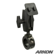 The Aluminum Motorcycle Handlebar Mount with Dual-T Compatible Head features adjustable joints and a clamp, serving as a universal smartphone holder for handlebars or poles. The Arkon logo appears in the bottom right corner.