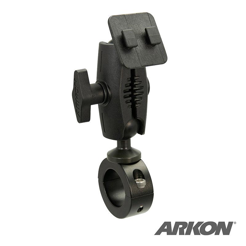 The Aluminum Motorcycle Handlebar Mount with Dual-T Compatible Head features adjustable joints and a clamp, serving as a universal smartphone holder for handlebars or poles. The Arkon logo appears in the bottom right corner.