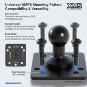 The XMS 20mm AMPS Adapter Plate is a black ball adapter on a sturdy aluminum plate with four screws, features universal fit, durable installation, easy setup, and includes a diagram showing the AMPS mounting pattern and hole diameter.
