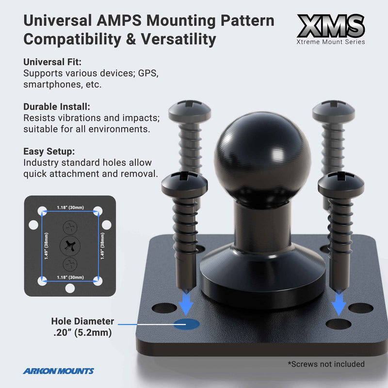 The XMS 20mm AMPS Adapter Plate is a black ball adapter on a sturdy aluminum plate with four screws, features universal fit, durable installation, easy setup, and includes a diagram showing the AMPS mounting pattern and hole diameter.