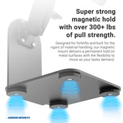 The SteadyMag™ Magnetic Mount System with RoadVise® Ultra Phone Holder features three blue glowing magnets with 300+ lb pull strength, securely attaching to metal—ideal as a warehouse vehicle phone holder for forklifts and material handling.