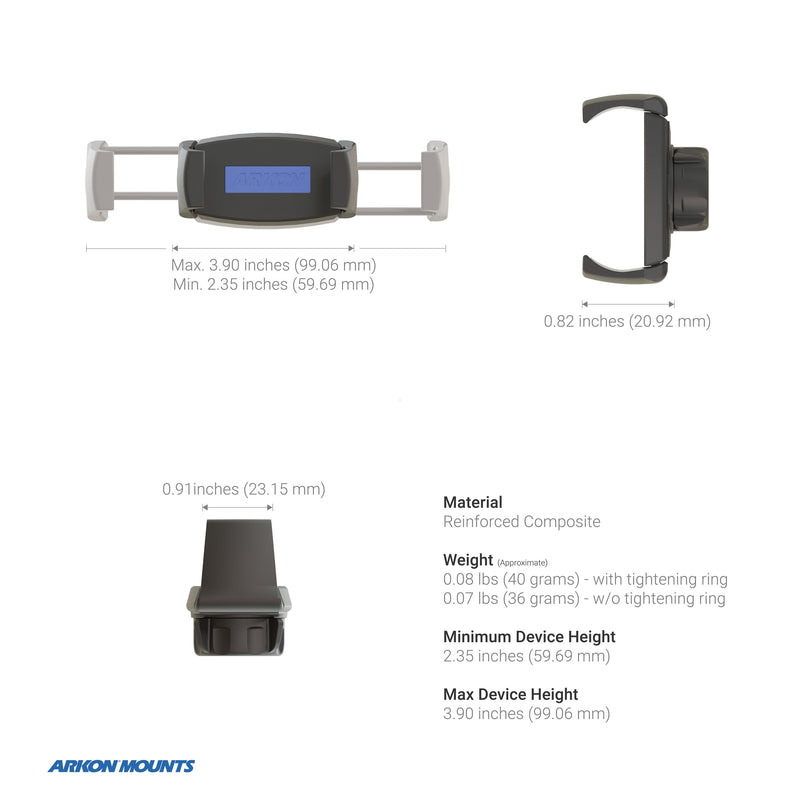 Phone Cup Holder Mount with Mobile Grip 5 Holder - 25mm diagram displaying front, side, and top views with measurements. Dimensions: 2.35–3.90 inches wide, 0.91 inches deep, and 0.82 inches high—perfect as a hands-free phone holder or car cup phone holder in your vehicle. Made from reinforced composite material and weighs just 0.08 lbs. Arkon Mounts logo shown at the bottom left.