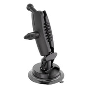 The Windshield Suction Mount - 17mm Ball Compatible is a black heavy-duty mount with an adjustable joint and suction cup for secure attachment of devices to smooth surfaces like windshields.