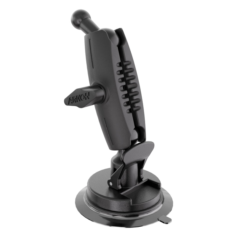 The Windshield Suction Mount - 17mm Ball Compatible is a black heavy-duty mount with an adjustable joint and suction cup for secure attachment of devices to smooth surfaces like windshields.