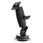 The 80mm Windshield Suction Car Mount - Dual-T Compatible is a black, heavy-duty mount with a rotating arm and rectangular holder, designed for phones or GPS units. Part of the Arkon Robust Mount Series, its ideal as a windshield car mount.