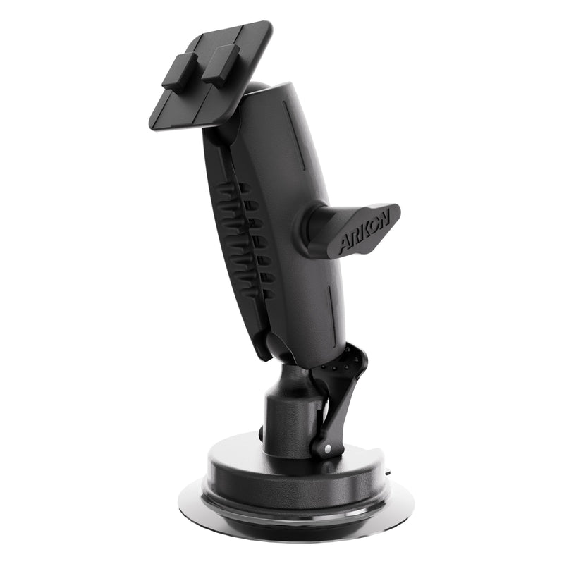 The 80mm Windshield Suction Car Mount - Dual-T Compatible is a black, heavy-duty mount with a rotating arm and rectangular holder, designed for phones or GPS units. Part of the Arkon Robust Mount Series, its ideal as a windshield car mount.