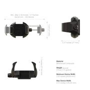The RoadVise® Ultra 4-Hole AMPS Drill-Base Phone or Tablet Mount, made of reinforced composite, is shown in black from three angles with labels: 2.52–5.71 wide, 1.1 tall, 2.27 deep, weighs 3.9 oz, and features an AMPS drill base for secure mounting.
