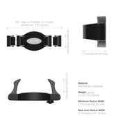 Black phone mount with dimensions and specifications on a white background