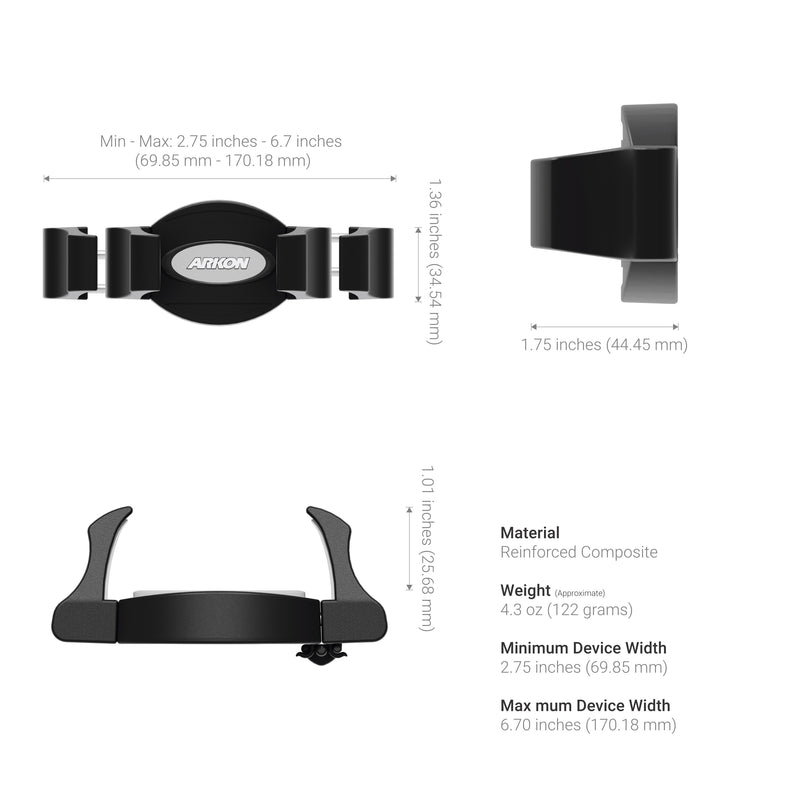 Black phone mount with dimensions and specifications on a white background