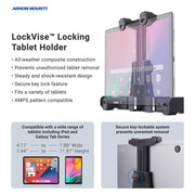 Promotional graphic for the LockVise™ Locking Drill Base Tablet Mount with Key Lock for E-Log, showcasing its secure locking design, key-lock system, all-weather build, and versatile compatibility—ideal as an ELD tablet holder.