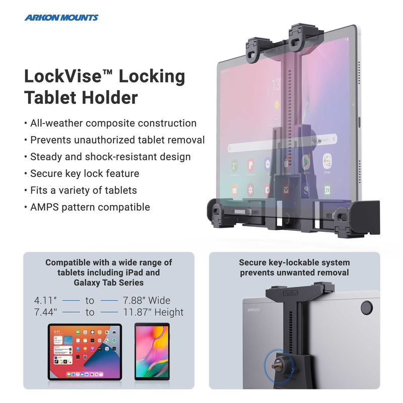 Promotional graphic for the LockVise™ Locking Drill Base Tablet Mount with Key Lock for E-Log, showcasing its secure locking design, key-lock system, all-weather build, and versatile compatibility—ideal as an ELD tablet holder.