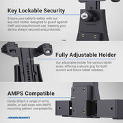 Three close-ups of the LockVise™ Locking Drill Base Tablet Mount with Key Lock for E-Log showcase its secure key-lock, fully adjustable arms for various tablet sizes, and an AMPS-compatible base for standard mounting.