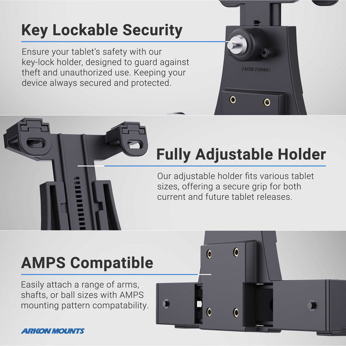 Three close-ups of the LockVise™ Locking Drill Base Tablet Mount with Key Lock for E-Log showcase its secure key-lock, fully adjustable arms for various tablet sizes, and an AMPS-compatible base for standard mounting.