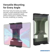 Two tablets, one in portrait and one in landscape, are displayed in the Slim-Grip® Ultra Pro Universal Tablet Holder with Clamp Mount, showing its secure grip and easy orientation switching for versatile viewing angles.
