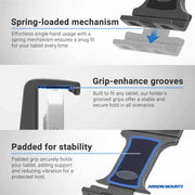 Arkon Mounts: The Slim-Grip® Ultra Pro Universal Tablet Holder with Clamp Mount features a spring-loaded fit, grip-enhancing grooves, padded grips for security and vibration reduction. Arkon Mounts logo appears in the corner.