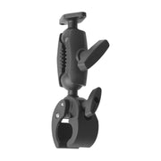 The Arkon Mounts Robust® Shaft Heavy-Duty Clamp Mount - 38mm is a black, heavy-duty clamp mount featuring a pivoting arm and tightening knobs. Designed for attaching accessories to poles or handlebars, this adjustable pedestal provides secure positioning, making it an ideal and versatile device holder for various applications.