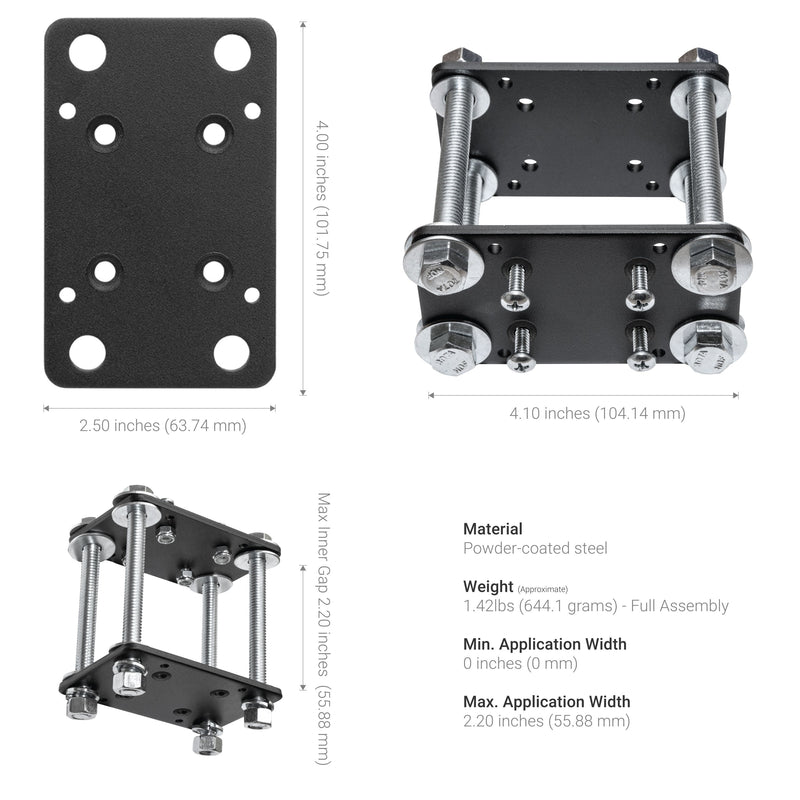 The Forklift Front Guard Mount is a powder-coated heavy-duty steel plate with bolts and nuts. Ideal for warehouse vehicles, it measures 4x2.5 (top), 4.1x2.2 (side) with up to 2.24 gap, and weighs 1.42 lbs.