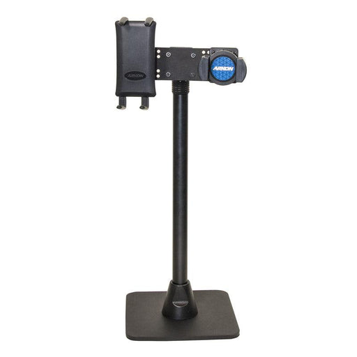 The TW Broadcaster Combo Slim-Grip® Ultra 29-inch Stand Holder for Live Streaming is a black, adjustable metal stand with a sturdy square base, blue-labeled top mount, and knobs for easy device positioning.