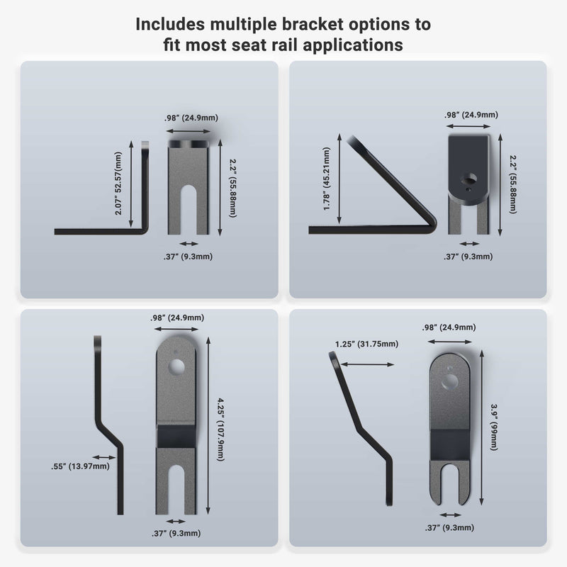 Four heavy-duty seat rail or floor mounting brackets for the 22 adjustable Dual-T compatible pedestal are shown from several angles, with measurements and features highlighted to show compatibility with most seat rail setups. Text: Includes multiple bracket options.