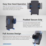 The Mega Grip™ Universal Phone Holder for iPhone, Galaxy, and Note is shown in front, side, and in-use views, featuring one-hand operation, a padded secure grip, and a full-access design with text and arrows highlighting key features.