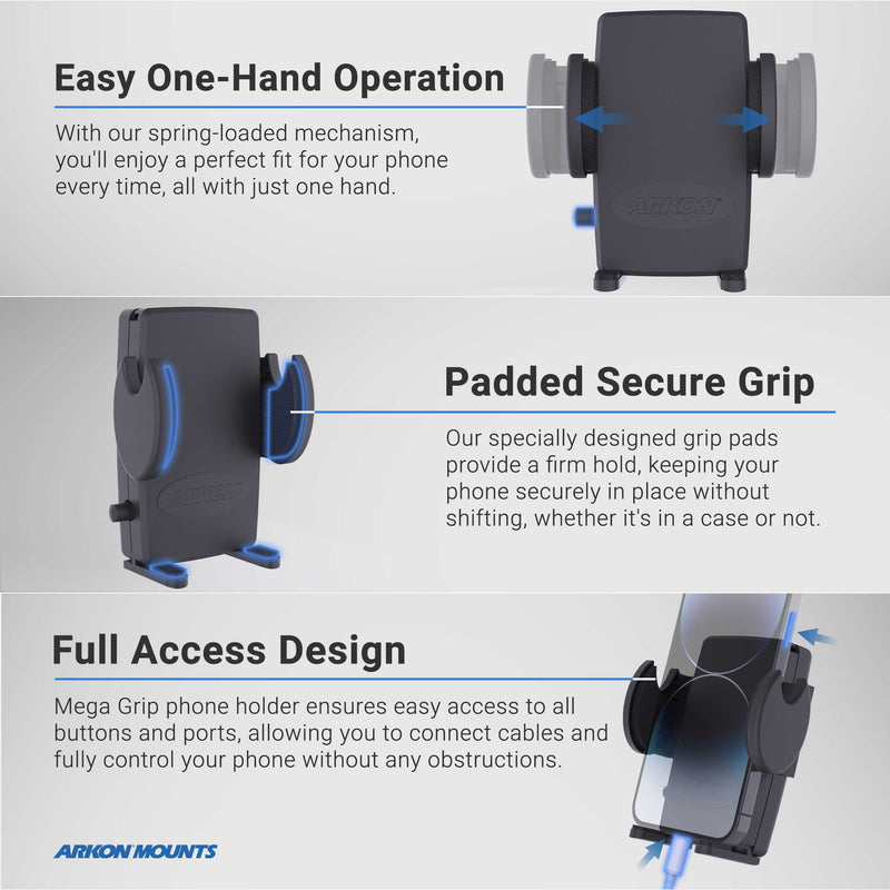 The Mega Grip™ Universal Phone Holder for iPhone, Galaxy, and Note is shown in front, side, and in-use views, featuring one-hand operation, a padded secure grip, and a full-access design with text and arrows highlighting key features.