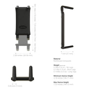 The Slim-Grip® Ultra Phone Holder with Windshield Suction Mount features adjustable arms, a suction base, and reinforced composite construction. Shown from multiple angles, it fits various phone sizes; dimensions include width, height, and weight.