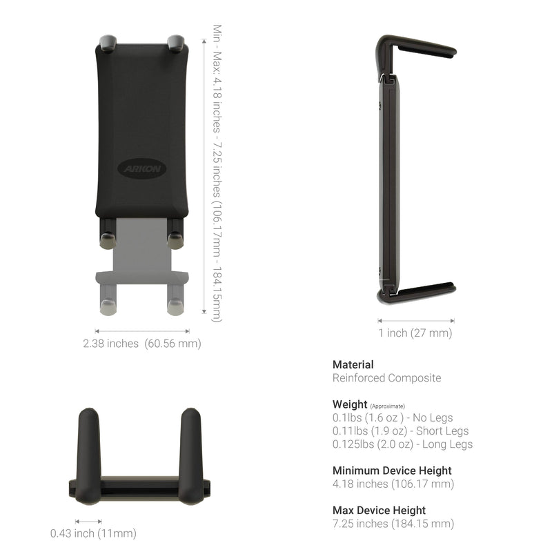 The Slim-Grip® Ultra Phone Holder with Windshield Suction Mount features adjustable arms, a suction base, and reinforced composite construction. Shown from multiple angles, it fits various phone sizes; dimensions include width, height, and weight.