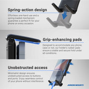 The Slim-Grip® Ultra Phone Holder with Windshield Suction Mount features a spring-action design and grip-enhancing pads, allowing easy one-handed use, a secure hold, and access to all device buttons and ports.
