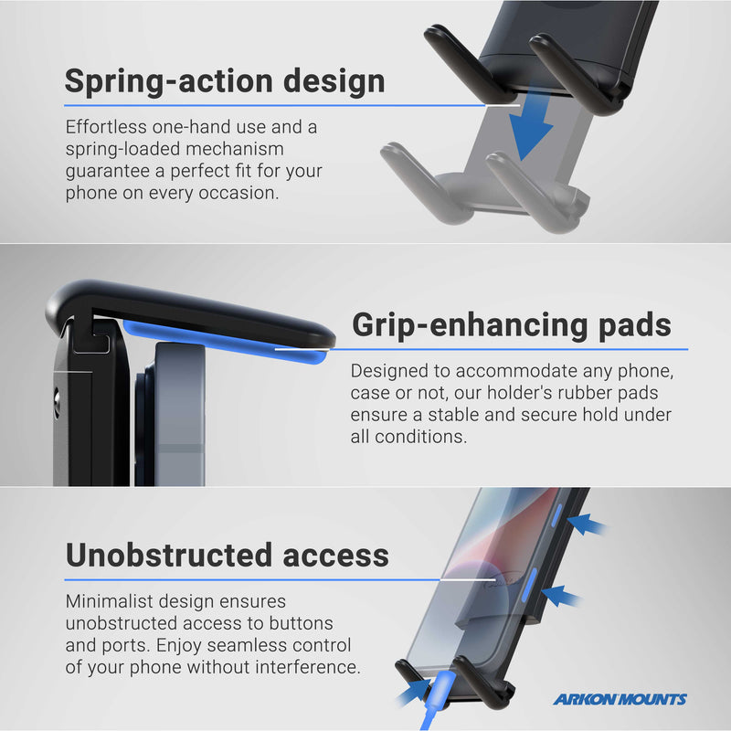 The Slim-Grip® Ultra Phone Holder with Windshield Suction Mount features a spring-action design and grip-enhancing pads, allowing easy one-handed use, a secure hold, and access to all device buttons and ports.