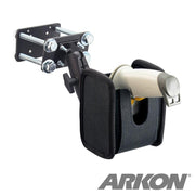 The Barcode Scanner Universal Forklift Front Guard Mount features a black adjustable holder on a metal bracket, ideal for warehouse fulfillment. The padded, front-open holder displays the Arkon logo in the bottom right corner.