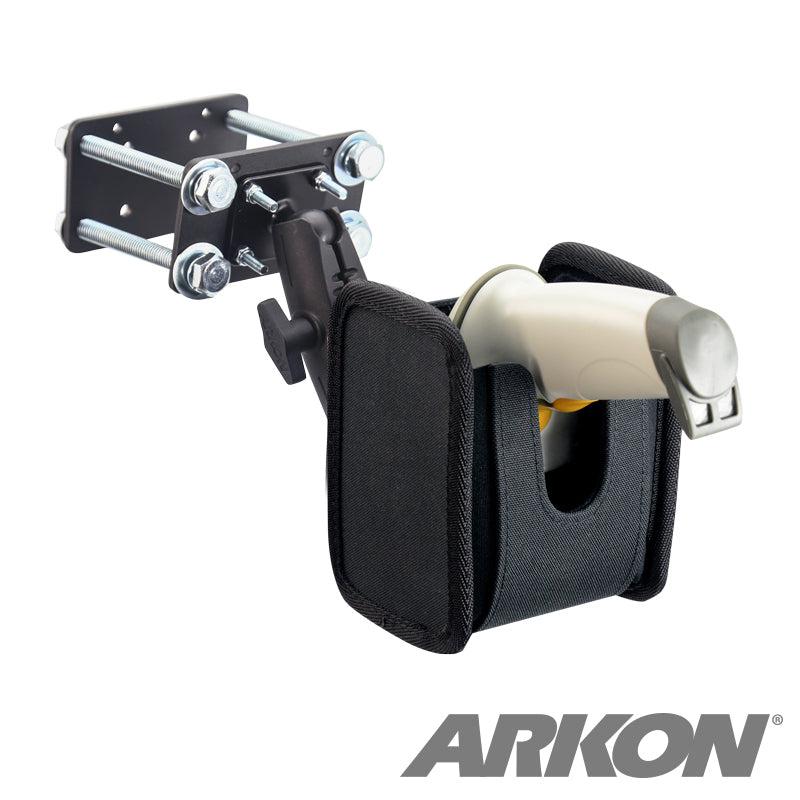 The Barcode Scanner Universal Forklift Front Guard Mount features a black adjustable holder on a metal bracket, ideal for warehouse fulfillment. The padded, front-open holder displays the Arkon logo in the bottom right corner.