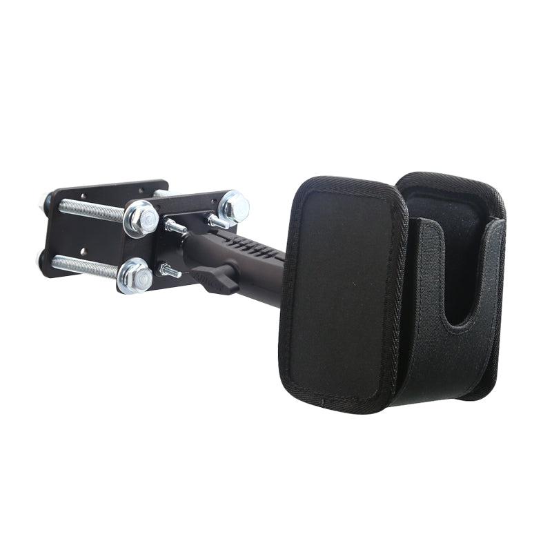Barcode Scanner Universal Forklift Front Guard Mount with padded support arms and sturdy metal plate, designed to securely hold barcode scanners—ideal for warehouse fulfillment spaces or creative studio setups.