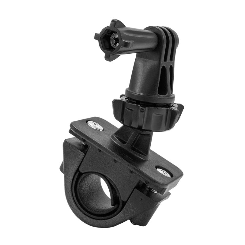 The Bike or Motorcycle GoPro Handlebar Mount for GoPro HERO Action Cameras is a black plastic, adjustable clamp mount designed to securely attach your camera to cylindrical surfaces on bicycles or motorcycles.