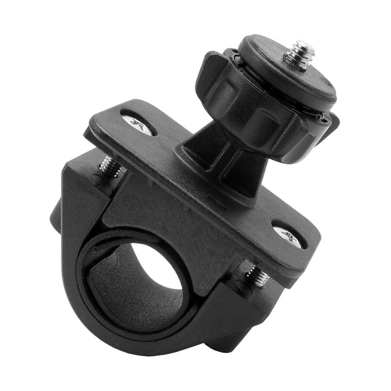 Close-up of the Bike or Motorcycle Handlebar Camera Mount for Canon, Sony, Samsung, Panasonic, and Nikon cameras. Features a black plastic and metal build with a circular clamp base and adjustable screw knob for 1/4-20 mounting.
